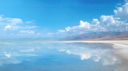Fototapeta premium The azure sea, the white salt lake surface reflects the mountains and clouds in the distance, and the pure light blue hue creates a serene and relaxing atmosphere.