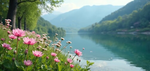 Vibrant pink Pato Blanco flowers bloom beside tranquil lake reflecting serene mountains, plants. Peaceful garden scene offers calm, natural escape, perfect for relaxation, appreciating natures beauty.