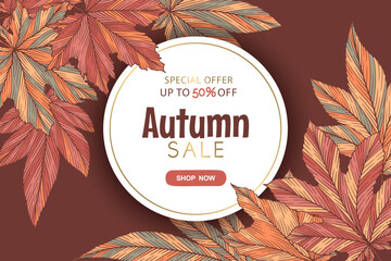 Vector autumn sale round banner template with hand drawn maple leaves isolated on brown background. Fall leaf vector illustration. Seasonal design for website poster card flyer advertising
