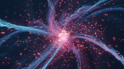 Abstract visualization of a vibrant energetic explosion of light and particles creating a cosmic nebula effect