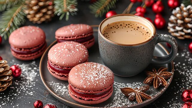 Festive morning: coffee and macarons surrounded by christmas decor evolving over time