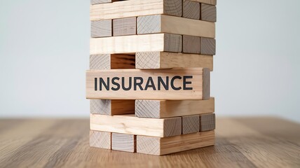 A precarious tower of wooden blocks with the word insurance prominently displayed on one block representing financial security and risk management