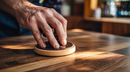 Close up of a barista s hand firmly pressing a coffee tamper onto freshly ground espresso beans in a portafilter