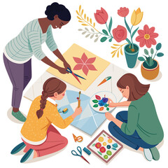 Obraz premium Vector art of a group of women are crafting and creating art together, , enjoying their hobbies