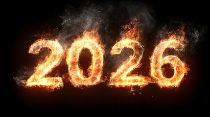 Burning 2026 numbers engulfed in intense flames and smoke on a dark black background. Power, danger, or impactful new year concept.