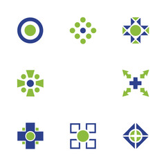 Nine abstract geometric logos in blue and green on white background symbol