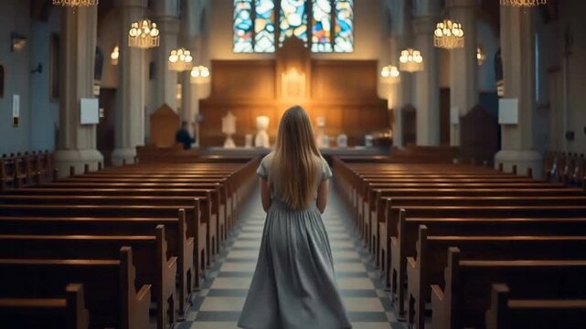A woman walks between the rows in a church.