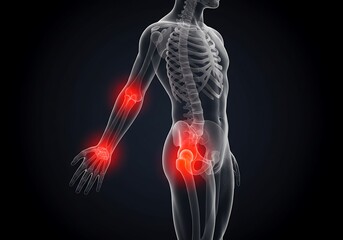 3D skeletal model with glowing red highlights on painful elbow, wrist, and hip joints.

