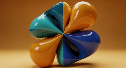 Abstract four-leaf clover shape with glossy blue and orange petals against a warm golden background.
