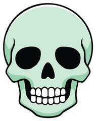 Fototapeta premium Cartoonish light green skull with black eye sockets and teeth showing a friendly expression