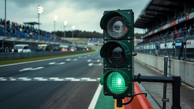Close up of a green racing traffic light at a formula 1 circuit ready for the start of a race