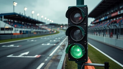 Obraz premium Green traffic light signals start of race on wet asphalt of a professional motorsport circuit with grandstands