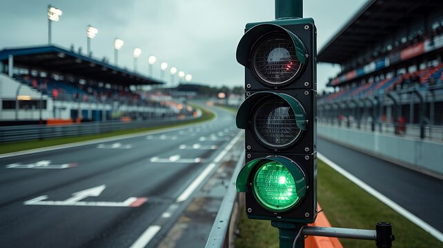 Green traffic light signals start of race on wet asphalt of a professional motorsport circuit with grandstands - Powered by Adobe
