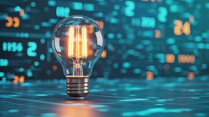Illuminated edison style light bulb glowing brightly with a blurred background of digital data and binary code