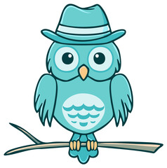 Cartoon owl with hat perched on branch illustration, animal character