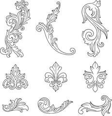 Elegant vector illustration set of vintage floral ornaments. Perfect for classic and decorative design projects. This collection includes various hand-drawn, swirling patterns and flourishes.
