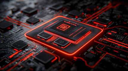 Futuristic circuit board with glowing red lines and integrated processor for modern technology concepts