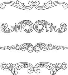 Fototapeta premium A set of beautiful rococo and baroque style vector ornaments. This collection features intricate scrolls, flourishes, and fleur de lis motifs, perfect for creating luxurious designs, vintage borders.