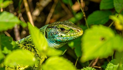 Fototapeta premium Lizard hidden amongst vibrant foliage