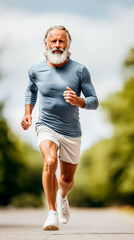 Senior man jogging outdoors in athletic wear. Healthy mature male runner exercising with determination. Active aging lifestyle concept showing fitness and wellness in retirement years.