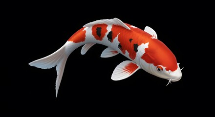 Koi Elegance: Red and White Koi Fish on Black Background, Detailed Digital Painting