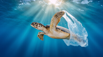 Sea turtle encounters plastic bag underwater showing ocean pollution threat to marine wildlife. Environmental conservation concept of plastic waste contaminating ecosystem.
