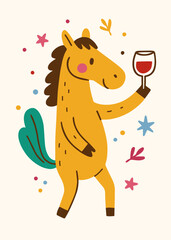 Funny cartoon horse with wine glass. Holiday card.
