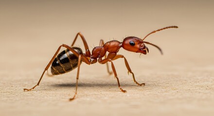 Macro Shot of Red Ant: Detailed Insect Portrait on Textured Surface