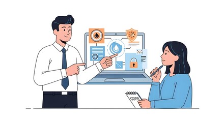 Confident business professionals collaborating on data security strategy, pointing at laptop displaying privacy icons and GDPR compliance information for modern corporate success