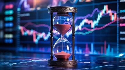 Hourglass with flowing sand in front of a blurred stock market trading chart with glowing blue and pink lines representing financial data