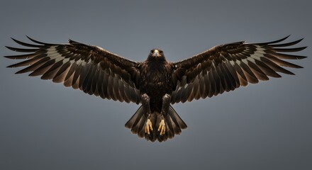 Obraz premium Majestic Eagle in Flight: Wings Spread, Direct Gaze, Dramatic Perspective.