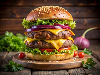 3d icon of a towering double cheeseburger with fresh lettuce, juicy tomatoes, and red onions, served on a wooden board with a rustic background, ideal for fast food or gourmet burger advertising