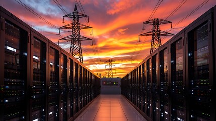 Dramatic sunset sky with vibrant orange and pink clouds illuminating a symmetrical view of server racks in a data center with power lines in the distance
