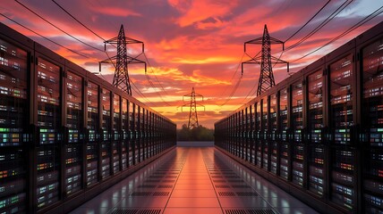 Vast rows of illuminated server racks stretching into the distance under a dramatic fiery sunset with power lines overhead
