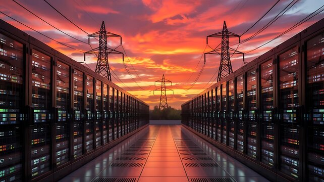 Vast rows of illuminated server racks stretching into the distance under a dramatic fiery sunset with power lines overhead