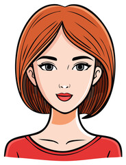 Cartoon illustration of a young woman with short red hair.