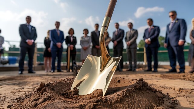 Groundbreaking ceremony with shovel in dirt and dignitaries in background celebrating new construction project start