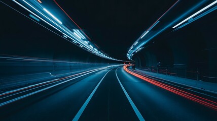 Abstract motion blur of car headlights and taillights creating streaks of light on a dark highway tunnel at night