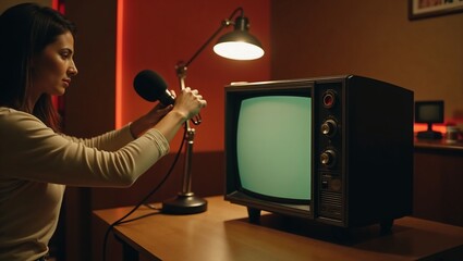 Woman adjusting microphone near vintage TV in retro room