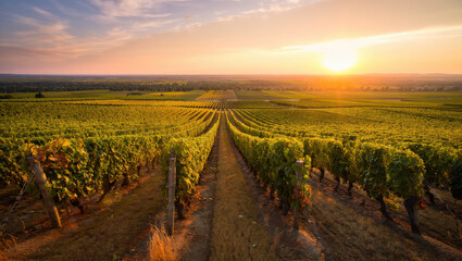 Naklejka premium Aerial view of vineyard rows at sunset with golden light illuminating the landscape and distant trees