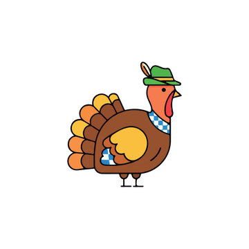 Cute cartoon turkey illustration in Bavarian costume with a green hat for a festive holiday celebration
