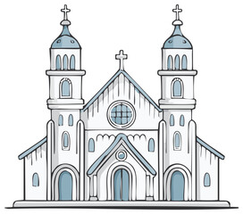 Cartoon Illustration of a Catholic Church Featuring Twin Bell Towers and Prominent Crosses Against a Clean White Background