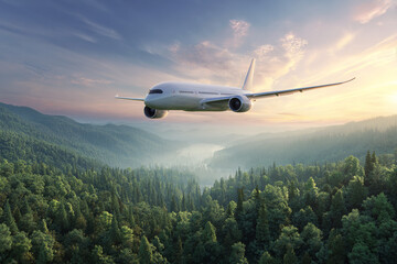 Fototapeta premium Airplane flying over a lush green forest at sunrise a breathtaking aerial view