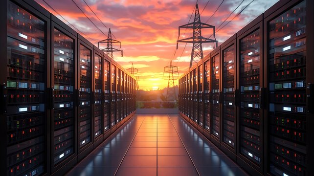 Illuminated server racks in a data center aisle with a dramatic sunset sky and power lines overhead creating a futuristic technological landscape