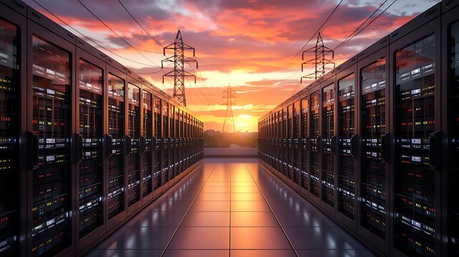 Dramatic sunset illuminates a futuristic server farm with rows of glowing racks and towering electrical pylons in the distance