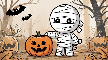 Cute cartoon mummy character standing next to a carved jack o lantern pumpkin in a spooky forest setting with bats flying