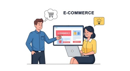 Dynamic duo collaborating on e-commerce strategy, brainstorming online sales growth with innovative digital solutions