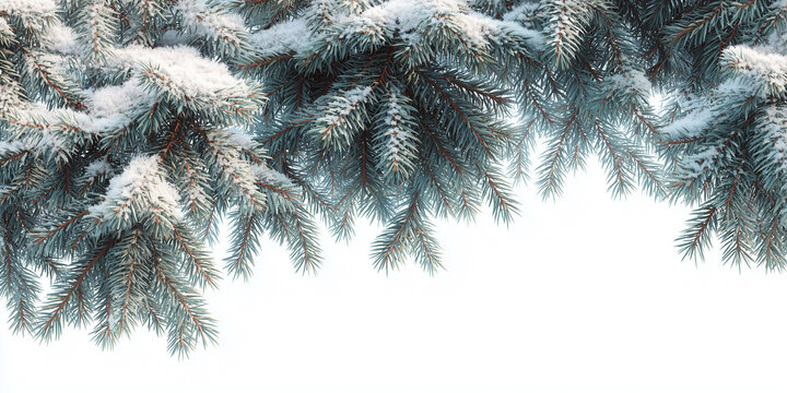 Tannenzweige mit Schnee auf weissen Hintergrund. Als Postkarte Werbebanner f&uuml;r Weihnachten