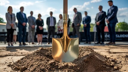 Golden shovel in dirt with diverse group of business people in the background at groundbreaking ceremony event