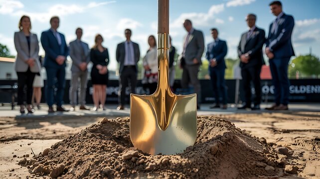 Golden shovel in dirt with diverse group of business people in the background at groundbreaking ceremony event